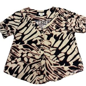 Anthropologie Maeve Button Up V Neck Beige Black Abstract Print Top Womens 12